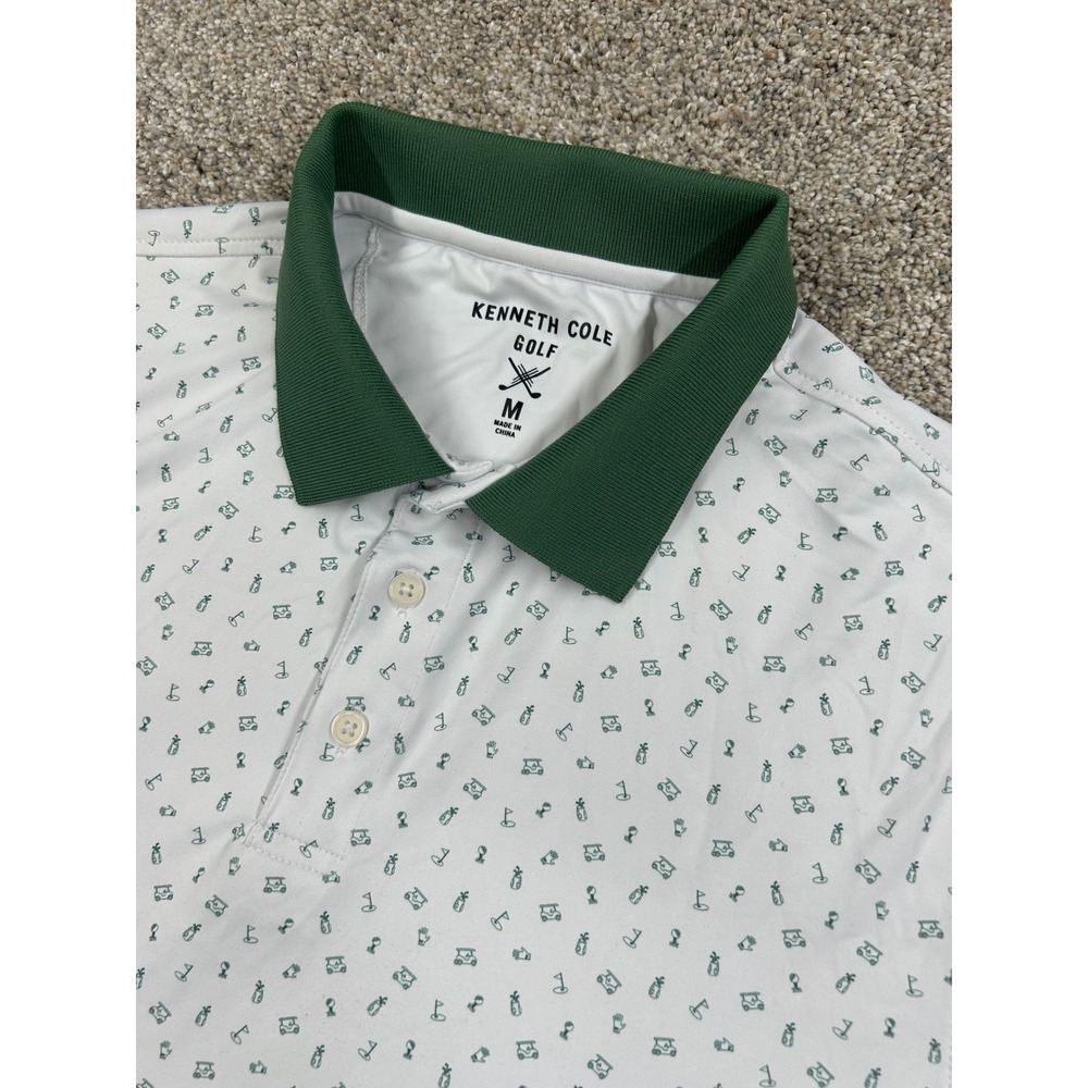 Kenneth Cole Golf Mens Medium White Green Golf Cart Print Performance Polo #0907